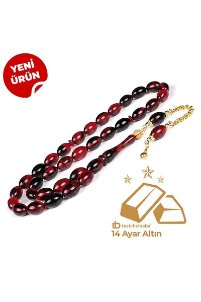 TESBİHCİBABA Gold Design Night Red Fire Amber Prayer Beads