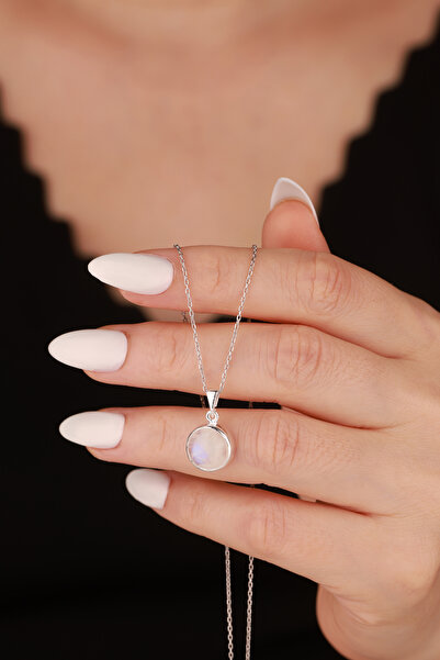 By Atölye Doğal Ay Taşı Gümüş Minimal Yuvarlak Kolye