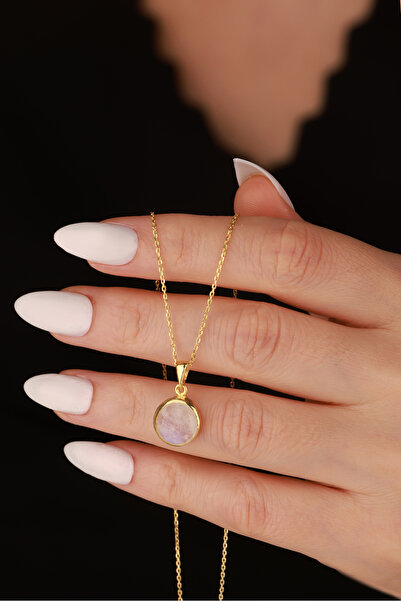 By Atölye Doğal Ay Taşı Gümüş Minimal Yuvarlak Kolye