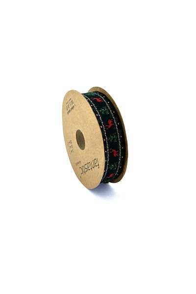 FANTASTIC KURDELE CHRISTMAS, DEER / PINE TREE PATTERNED SILVERY & FRINGED WOVEN RIBBON (25mm WIDTH - 10mt LENGTH)
