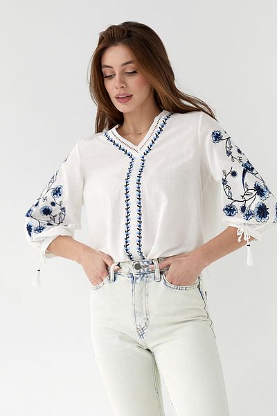 FEMELLE Women's V-Neck Poor Sleeve Embroidered Cotton Blouse