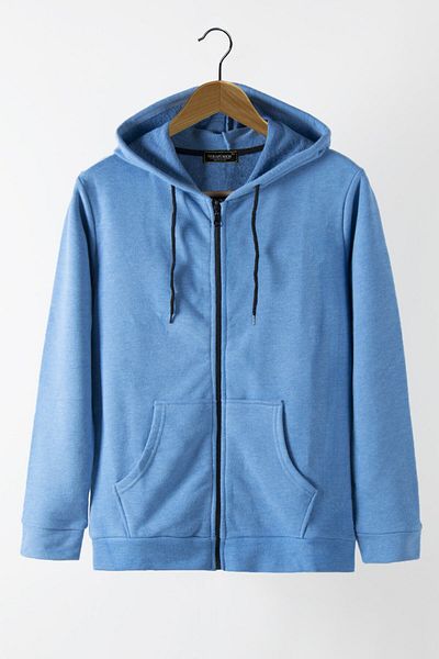 Relax&Basic Unisex Basic Slim Fit Hooded Zipper Pocket Sweatshirt Blue