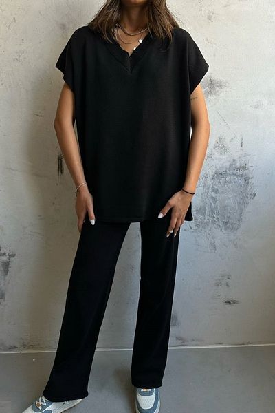 lovebox Women's Black V-Neck Sweater Trousers Set 6532