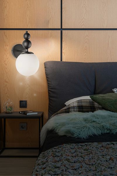 VEDA AVİZE Venüs Single Sconce Black Model - Genuine White Glass - Modern Sconce - Bedroom-Living Room-Kitchen-Hall