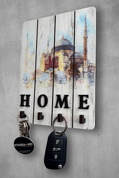 beedene White Decorative Wooden Key Hanger - Hagia Sophia Painting Key Holder
