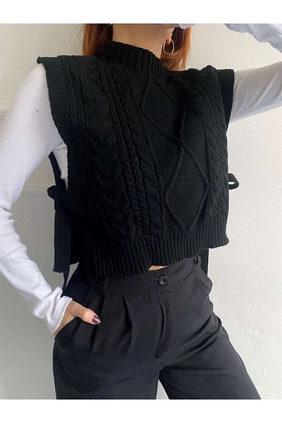 HARGEN STORE Women's Black Side Tie Knitwear Sweater