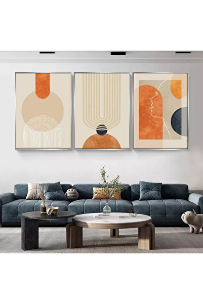Markazip Gümüş Metal Çerçeveli 50x70cm Üçlü Soyut Kanvas Tablo KOD: LK384