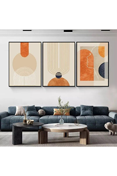 Markazip Siyah Metal Çerçeveli 50x70cm Üçlü Soyut Kanvas Tablo KOD: LK384