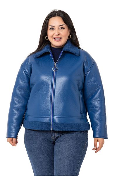 DISENTIS MODEST Plus Size Fur Collar and Skirt Fleto Pocket Zippered Saxe Blue Leather Coat