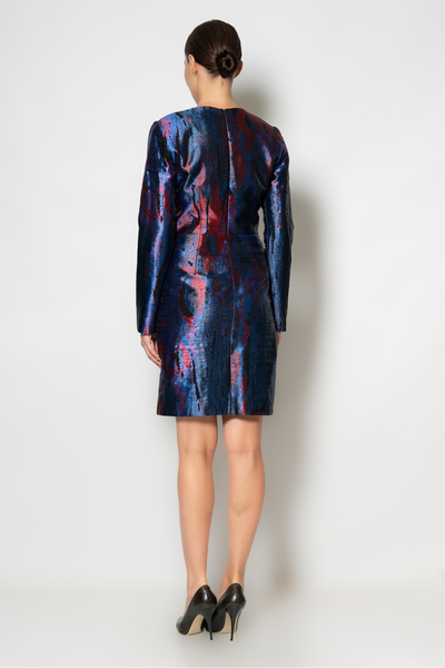 RENGIN Yırtmaçtan verev tüylü uzun kollu jakar kısa elbise