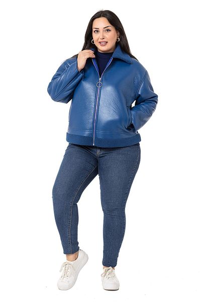 DISENTIS MODEST Plus Size Fur Collar and Skirt Fleto Pocket Zippered Saxe Blue Leather Coat