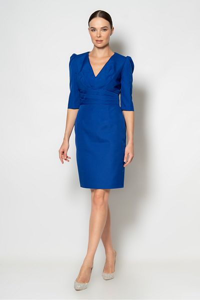 RENGIN V-neck crepe short dress with pleats on the bodice