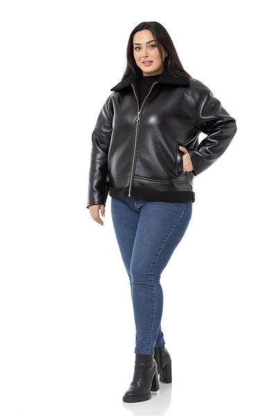 DISENTIS MODEST Plus Size Fur Collar and Skirt Fleto Pocket Zippered Black Leather Coat