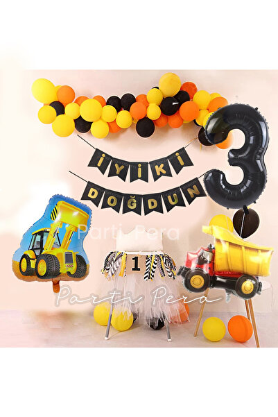 parti pera Inşaat Tema Konsept Balon Zinciri Seti Kepçe Kamyon Folyo Balon Seti