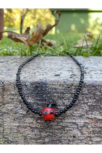Stoneday Halloween Black Sand Bead Necklace with Murano Pumpkin Figure