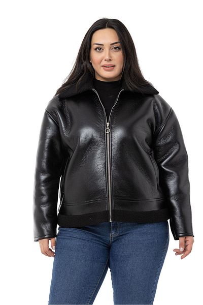DISENTIS MODEST Plus Size Fur Collar and Skirt Fleto Pocket Zippered Black Leather Coat