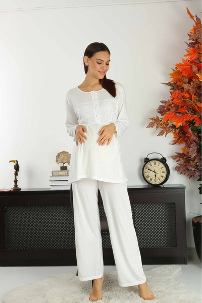 AYLAMLİNGERİE Special Design Lace Combed Cotton 2-Piece Women's Maternity Pajamas Set