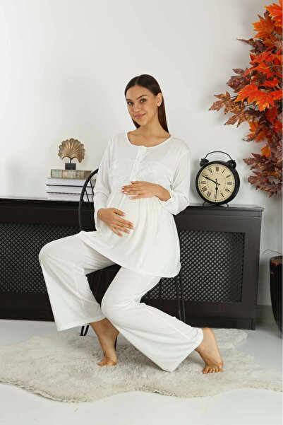 AYLAMLİNGERİE Special Design Lace Combed Cotton 2-Piece Women's Maternity Pajamas Set