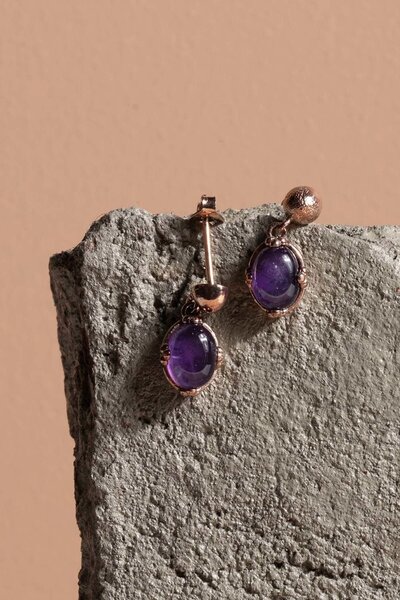 Takıdepo Doğal Ametist Taşlı Minimal Gümüş Kadın Küpe-Rose Rengi