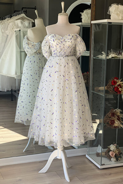 Lenta Moda Beyaz Morlu Papatyalı Midi Boy Tül Abiye ve Gece Elbisesi