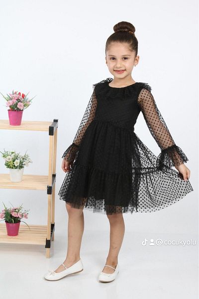 ÇocukYoluKids Rochie de fetiță neagră din tul cu buline A 1111141111015