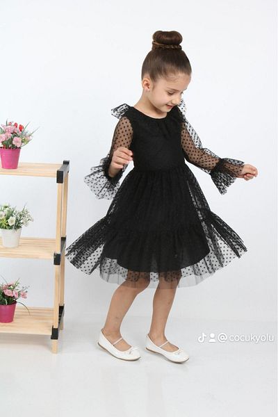 ÇocukYoluKids Rochie de fetiță neagră din tul cu buline A 1111141111015