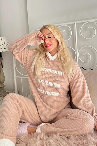 Pijamaevi Καφέ Σετ πιτζάμα με κουκούλα βελούδινη φλις με μοτίβο τριών γραμμών