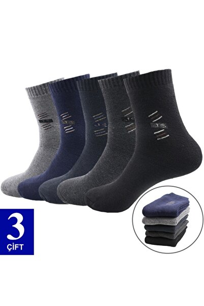 çorapmanya 3 Çift Kışlık Dikişli Ekonomik Pamuklu Desenli Erkek Soket Havlu Ç...