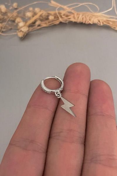 Jaida Moda Unisex Gray Zircon Stone Lightning Figure Dangle Steel Hoop Earrings
