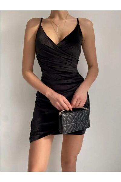 Afiş Butik Siyah Ip Askılı Kruvaze Yaka Kadife Elbise