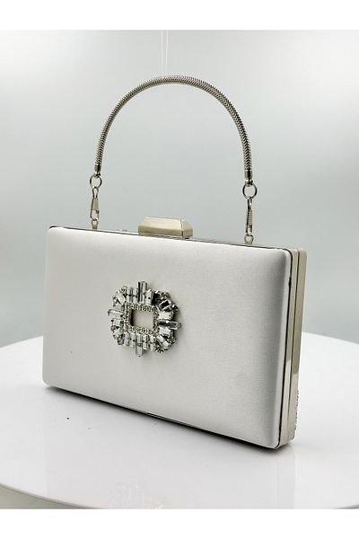Biçanta Mother of Pearl Εκρού Χρώμα Σατέν Ασημένια Θήκη με Ασημένια Πέτρα Βραδινό Φόρεμα Τσάντα Βραδινή Τσάντα Αρραβωνιαστικό Γάμου