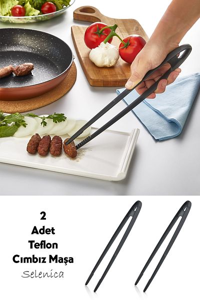 Selenica 2 Pieces Teflon Meat Frying Tweezers Chef Tweezers Fireproof Non-Stick Teflon Tweezers MasterChef Tweezers
