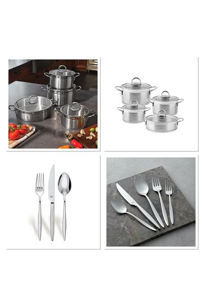 Hisar HİSAR DOWERY SET MARRIAGE PACKAGE ORİON STEEL POT SET AND 84 PIECES MERCURY FORK SPOON KNIFE SET