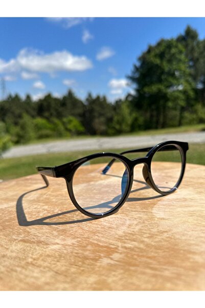 VisionGlasses Siyah Kalın Yuvarlak Unisex Şeffaf Camlı Mavi Işık Koruyucu Gözlük
