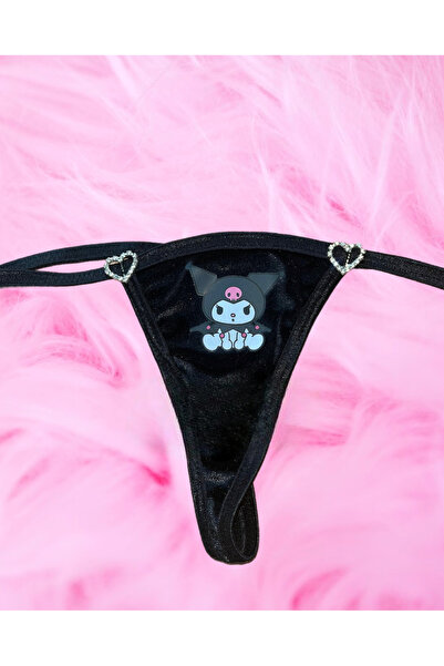 Lolipop Butik Siyah Kadife Taşlı Kalpli Kuromi Baskılı T-String Model Tanga