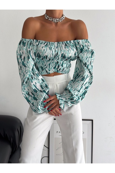 QUTTA Γυναικεία μπλούζα με μοτίβο με γιακά Madonna, σατέν με μπαλόνι μανίκια