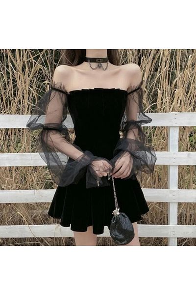Köstebek Gothic Sleeves Tulle Detail Stylish Mini Black Dress
