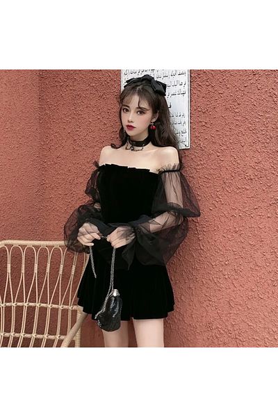 Köstebek Gothic Sleeves Tulle Detail Stylish Mini Black Dress