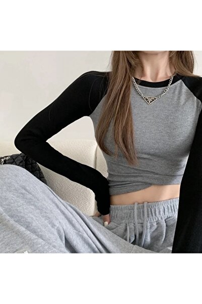 Köstebek Black Raglan Sleeve Gray Melange Basic Crop Sweatshirt