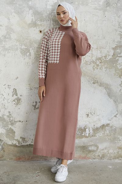InStyle Amelya Sleeve Houndstooth Patterned Knitwear Dress - Dusty Rose