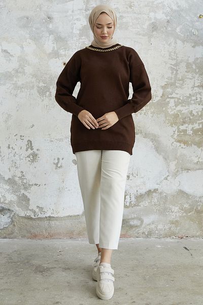 InStyle Pulover Tricotaj Detaliat Lanț Sera - Maro amar