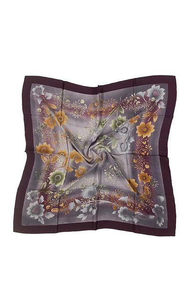 MİRAY EŞARP Miray 100% Pure Silk 90cm X 90cm Flower Pattern Plum Scarf E-62