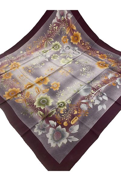 MİRAY EŞARP Miray 100% Pure Silk 90cm X 90cm Flower Pattern Plum Scarf E-62