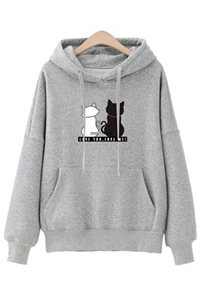 blausee wear Hanorac gri supradimensionat cu glugă cu imprimeu pisici unisex