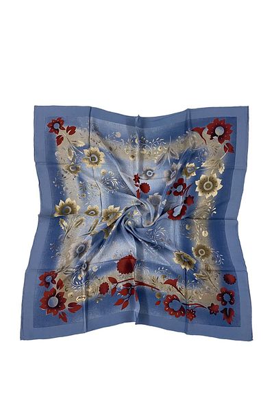 MİRAY EŞARP Miray 100% Pure Silk 90cm X 90cm Flower Pattern Indigo Blue Scarf E-42