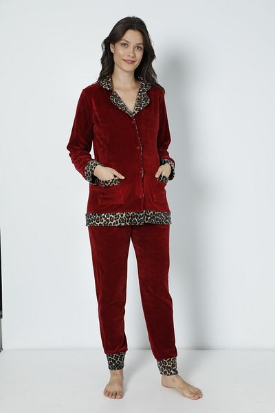 Miss Dünya Lissa Burgundy Front Buttoned Velvet Maternity and Maternity Pajamas Set