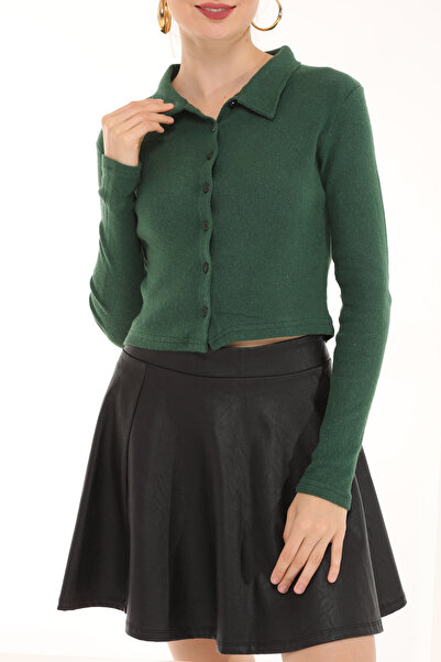 mor butik Bluză tricotată elastică, cu guler polo, cu butoane, verde smarald, cu detaliu pentru corp, day01001