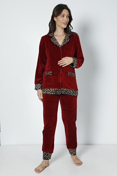 Miss Dünya Lissa Burgundy Front Buttoned Velvet Maternity and Maternity Pajamas Set