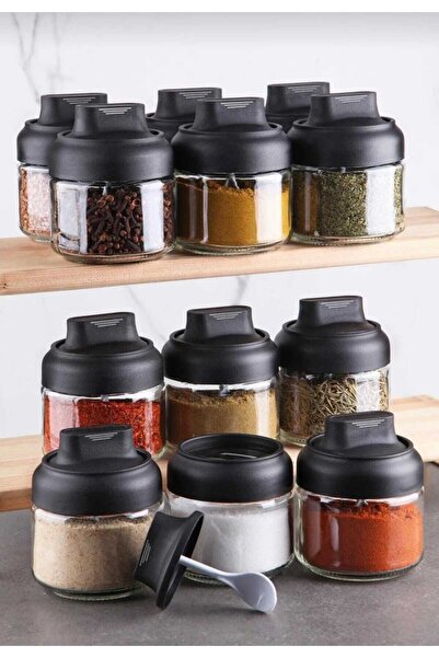 ALBAK Life طقم مرطبانات توابل بغطاء غير لامع مع ملاعق 12 قطعة - 300 مل - وعاء...