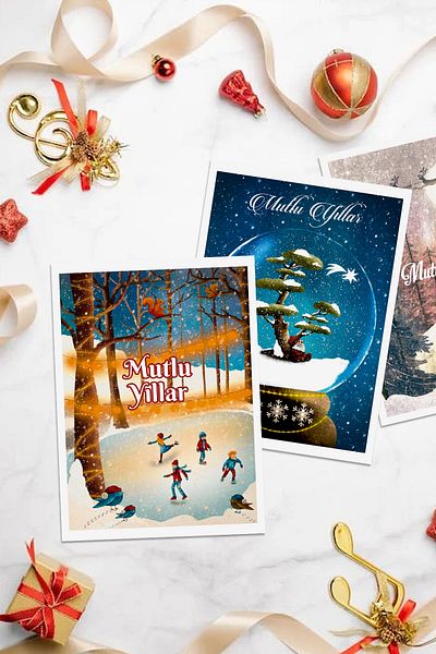 Özer Store 8 Pieces New Year New Year Santa Claus Winter Themed Postcard Set Message Card